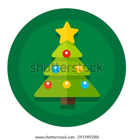 Vector round button with a Christmas or New Year festive Christmas tree with star and Christmas Toys