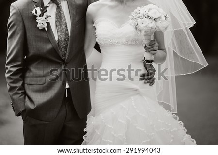 Newlywed couple just happy together. Classical wedding picture. 