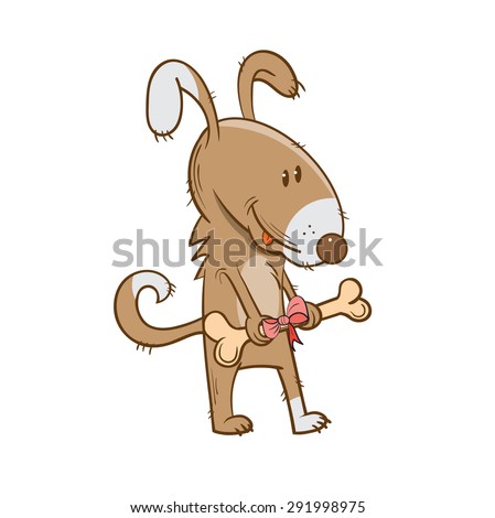 Card with   cute cartoon puppy who gives the bone tied with  tape.