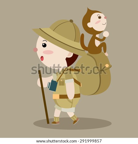 man hike with his monkey cartoon vector