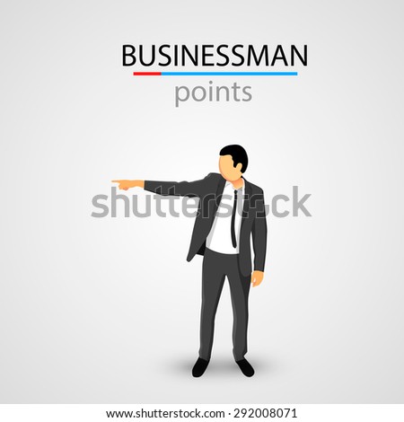 Businessman in jacket points. Clean vector illustration