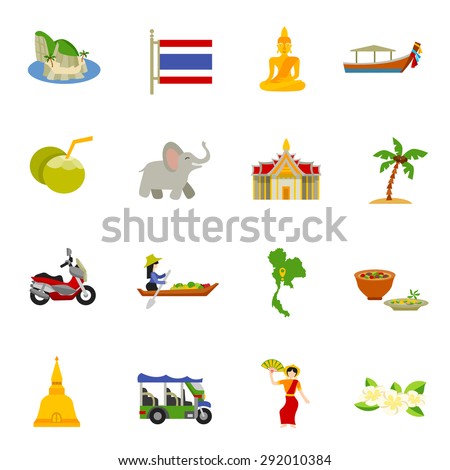 Thailand icons set with elephants coconuts beaches and boats flat isolated vector illustration 