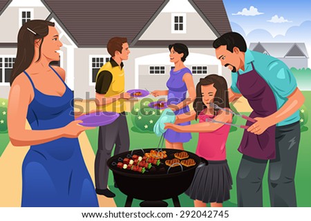 A vector illustration of people having a bbq party in the garden