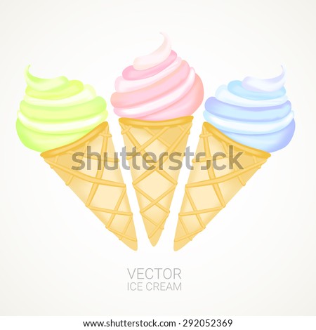 Three cones with colorful ice cream. Vector illustration for graphic design. 