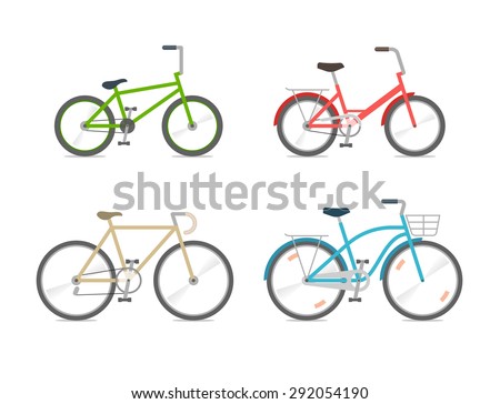 Set of bicycles in the flat style. BMX, folding bike, road bike, city bike