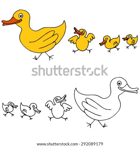 An image of a family of ducks following each other.