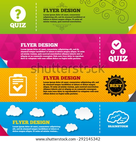 Flyer brochure designs. Quiz icons. Human brain think. Checklist with check mark symbol. Survey poll or questionnaire feedback form sign. Frame design templates. Vector