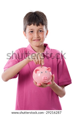Adorable child with moneybox savings isolated over white