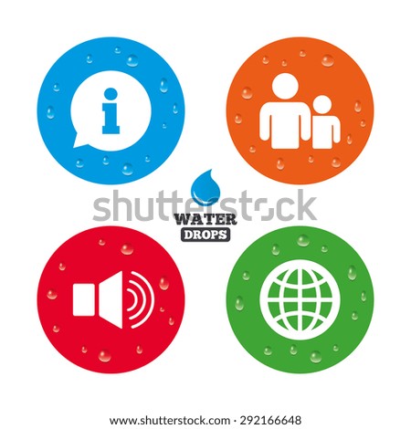 Water drops on button. Information sign. Group of people and speaker volume symbols. Internet globe sign. Communication icons. Realistic pure raindrops on circles. Vector