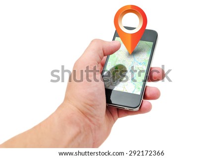 Man is running the program of navigation. The navigation software is on your phone. Royalty-Free Stock Photo #292172366