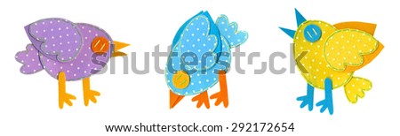 Handmade polka dot felt colorful bird set. Illustration.