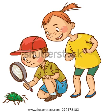 Boy and girl looking at beetle insect. Back to School isolated objects on white background. Great illustration for a school books and more. VECTOR. Editorial. Education. 