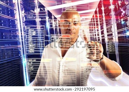 Businessman analyzes and touches a virtual database