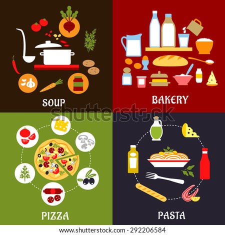Cooking process of pizza, pasta, soup and bakery with healthy fresh ingredients, vegetables, cheese, fish, sausage, dairy products, sauces and olive oil