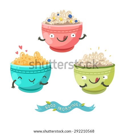 Cute porridge characters and "Good morning!" ribbon. Healthy breakfast concept. Vector colorful illustration with three bowls of oatmeal, berries, bananas and cereals isolated on white
