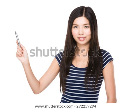 Asian woman with pen point up