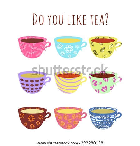 Illustration with collection of different cute cups with tea, coffee, hot chocolate