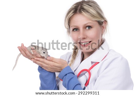 Female vet with gerbil isolated