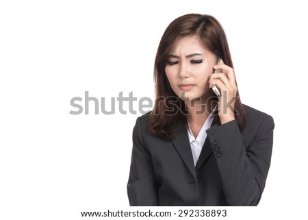 Young business asian woman upset stressed at the mobile phone seeing bad news with blank copyspace for text,Portrait Asian woman,Thai girl,Negative emotion expression,isolated on white background