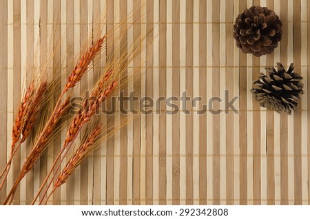 Bamboo brown straw with cones and barley rice grains mat as abstract texture background composition, top view above Royalty-Free Stock Photo #292342808
