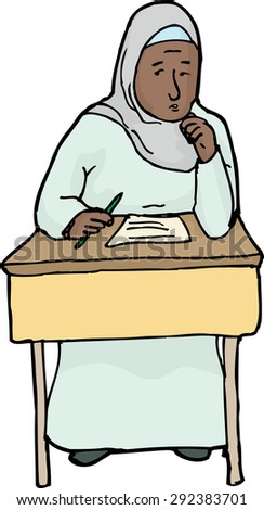Cartoon of worried Muslim female student at desk