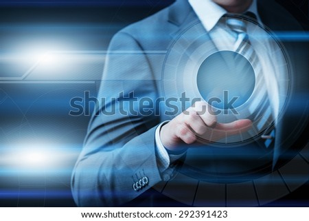 business, technology, internet and networking concept - businessman pressing button with contact on virtual screens Royalty-Free Stock Photo #292391423