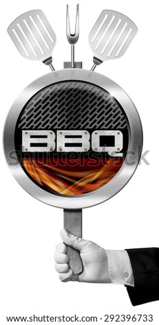 Bbq Sign with Hand of Chef / Hand of chef holding a metal barbecue sign with metallic grill and flames, kitchen utensils, fork and two spatulas. Isolated on white background