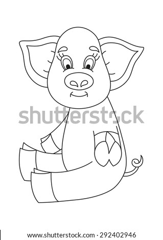 Vector illustration of cute pig, funny piggy sitting and smiling, coloring book page for children