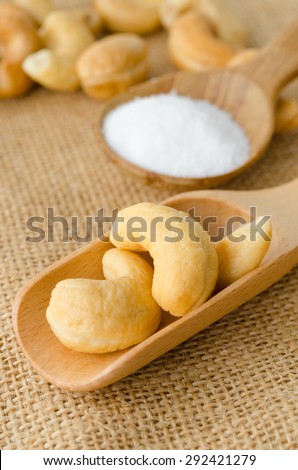 cashew nuts and salt in wooden spoon on sack background.