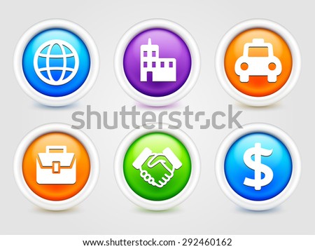 Business and International Travel on Colorful Round Buttons
