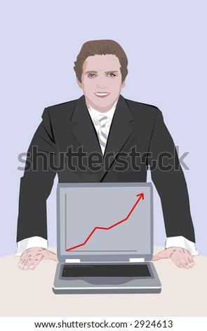 Businessman standing behind his laptop computer where the laptop is displaying a red arrow going up