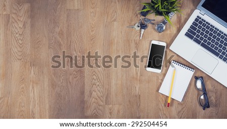 Top view desk hero header with copy space Royalty-Free Stock Photo #292504454