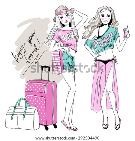Vector background with beautiful fashion cute girls to travel with suitcases, hand drawn