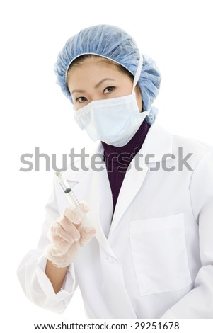 Beautiful Asian doctor or nurse wearing a lab coat and preparing a vaccination isolated on a white background