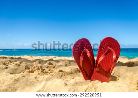 Colorful flip flops on the sandy beach in Hawaii, Kauai Royalty-Free Stock Photo #292520951