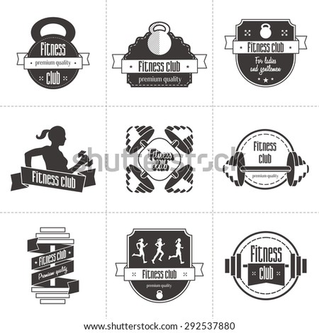 Vector set of sports and fitness club logo, athletic labels and badges templates. Gym, bodybuilder, fit man, athlete icon. Can be used to design business cards, shop windows, posters, flyers, etc.
