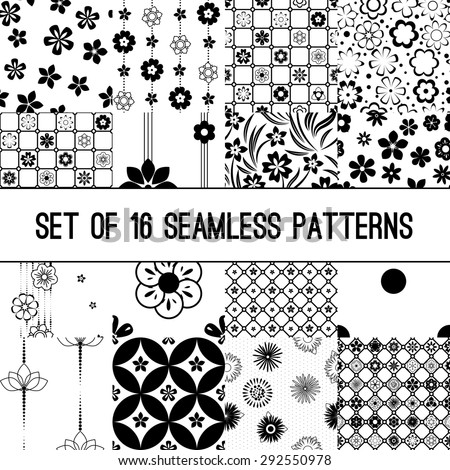 Set of black and white vector intricate patterns of flowers