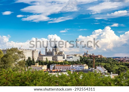 Skyline view of Almudena Cathedral and Royal Palace in Madrid, Spain
