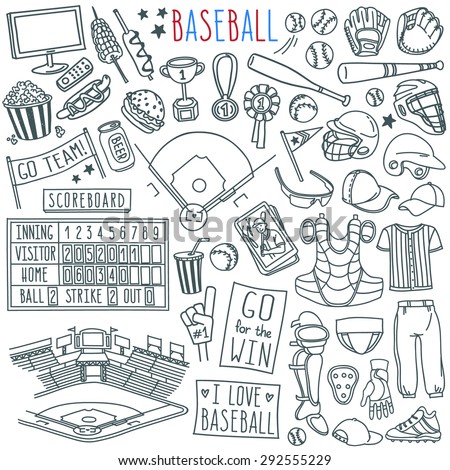Baseball doodle set. Special equipment, player's clothing, baseball field diagram, stadium view, fan's banners and signs. Hand drawn vector illustration isolated over white background.