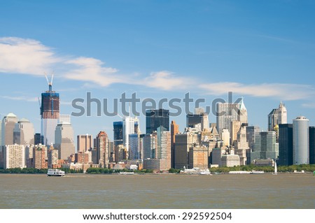 New York City skyline view of Lower Manhattan from the waters of New York Harbor