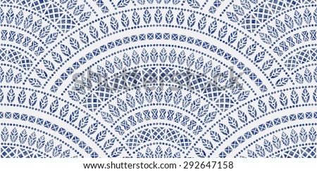 Vector abstract seamless wavy pattern from decorative ethnic ornaments with dark blue watercolor paint texture on a light grey background. Regular fan shaped ornamental elements Royalty-Free Stock Photo #292647158