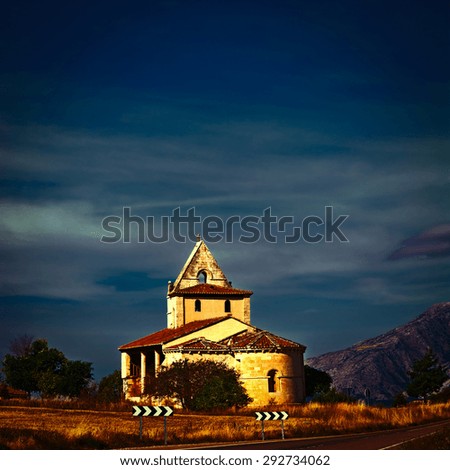 Churh near the  Road in Spain at Night, Vintage Style Toned Picture