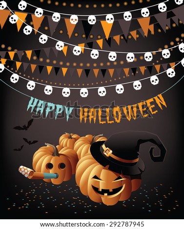 Happy Halloween party pumpkins bunting and confetti greeting card EPS 10 vector
