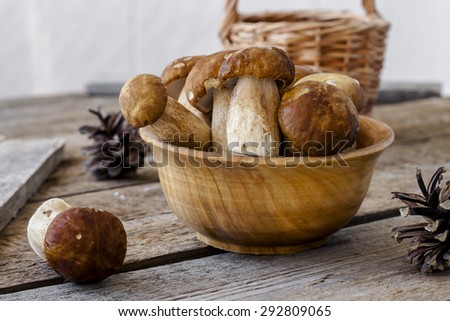group of porcini mushrooms on wooden background Royalty-Free Stock Photo #292809065