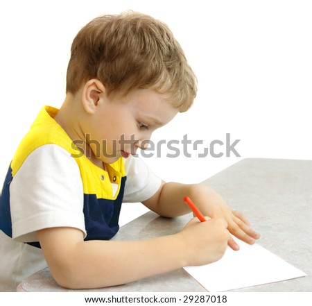 boy  furnished himself with a pencil and began to draw (isolated)