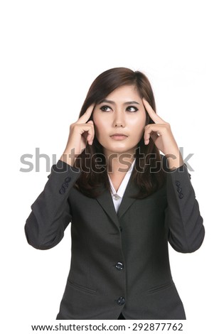 Happy young business asian woman thinking with blank copyspace area for text,Closeup portrait of beautiful Asian woman,Thai girl,Positive human emotion facial expression,isolated on white background