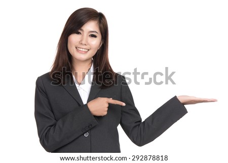 Happy young business Asian woman presenting and showing copy space,Closeup portrait of beautiful Asian woman,Thai girl,Positive human emotion facial expression,isolated on white background