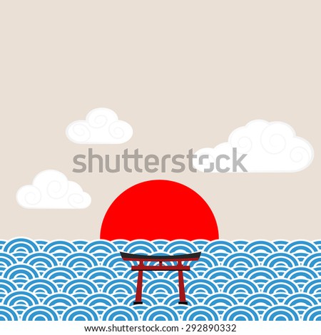 sunset in the sea in Japanese style with shrine gate