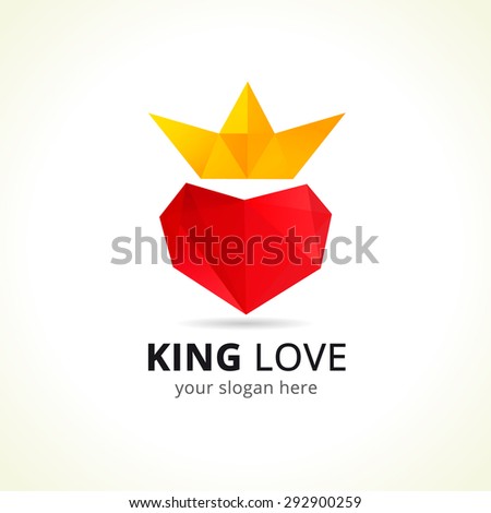 King of love vector logo concept. Entertainment business creative symbol. Heart and crown, red and yellow colors. Celebrating icon. Isolated abstract graphic design template. King of pick up training.