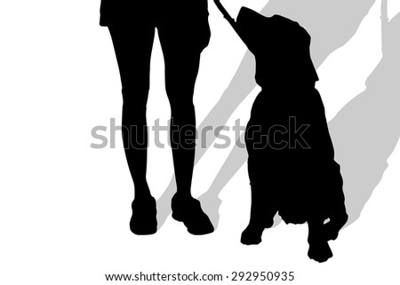 Vector silhouette of a woman with a dog on a white background.